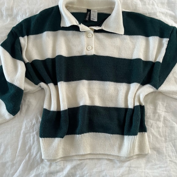 Green and White Striped collared cropped sweater top - Picture 2 of 5